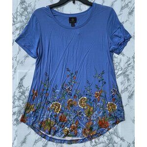 JW Collection Size L Blue Floral Print Rayon Knit Top Short Sleeve